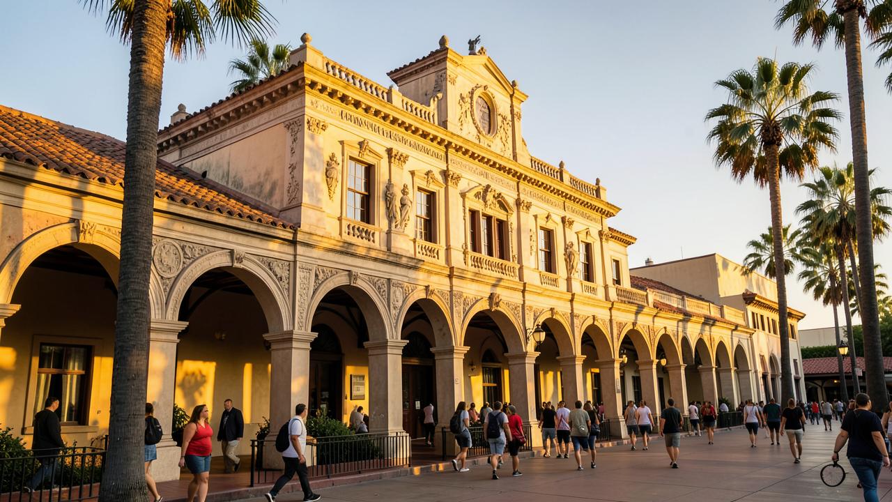Visitors walking through a Spanish colonial museum in Balboa Park San Diego