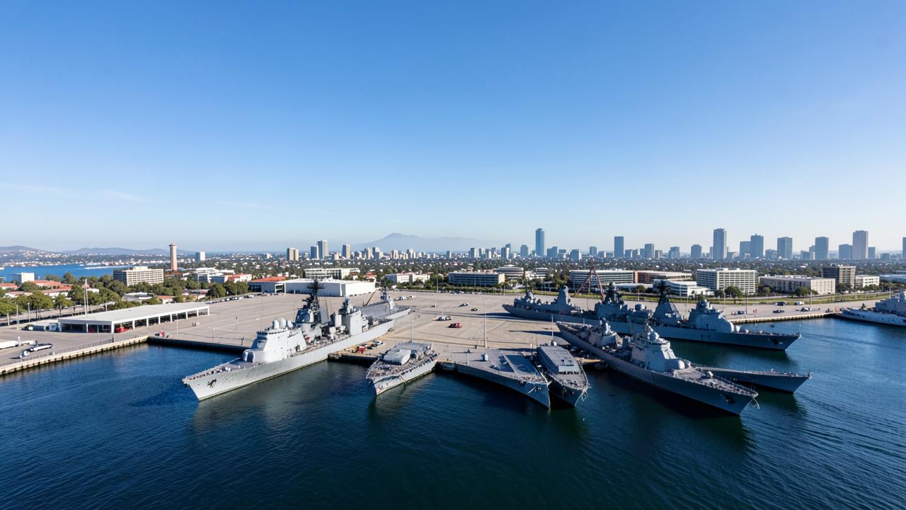 Aerial view of Navy destroyers moored at piers at Naval Base San Diego with the downtown skyline behind