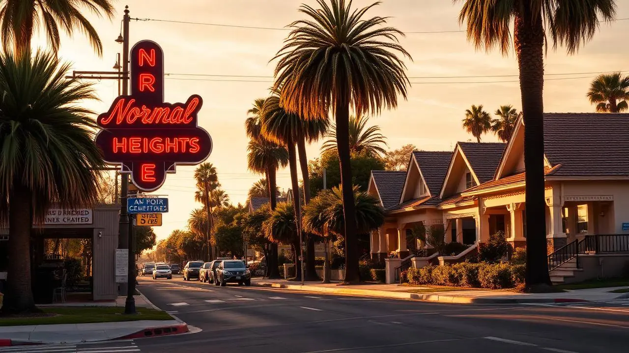 Normal Heights neon sign over Adams Avenue with vintage shops and cafes below