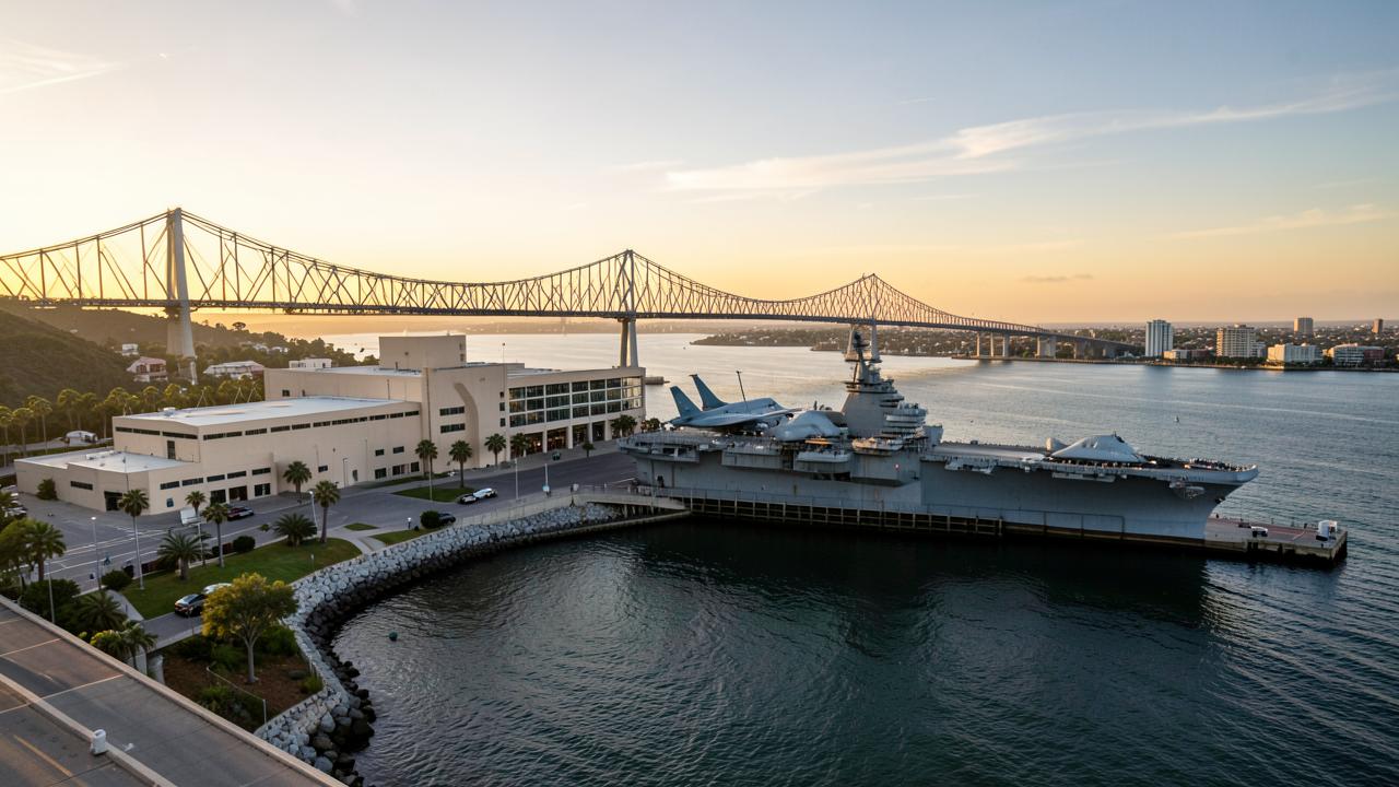 Naval base waterfront in San Diego where sponsored visitors enter through a controlled gate