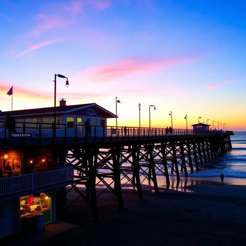 Ocean Beach pier and Newport Avenue storefronts with surfers in the water at sunset