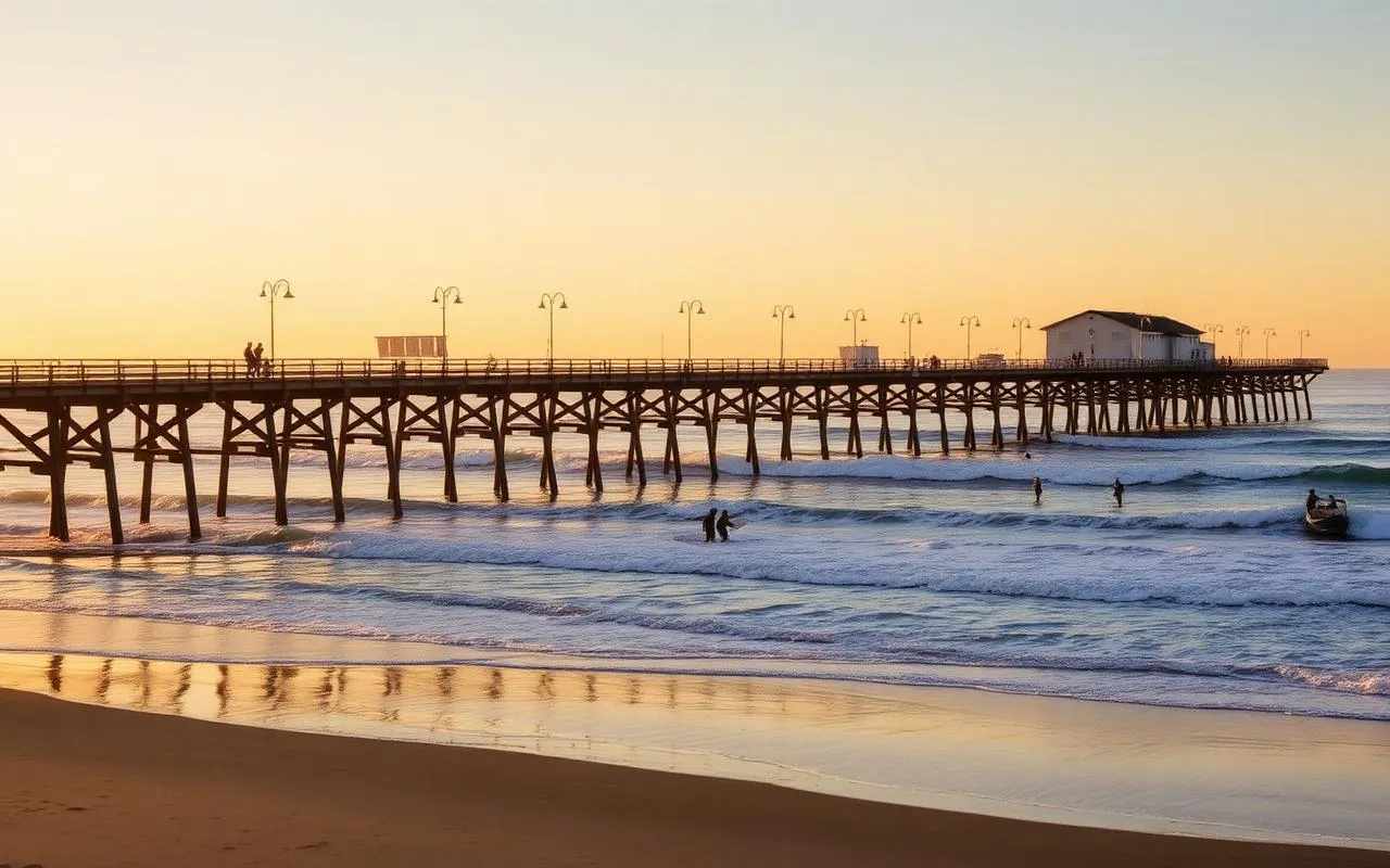 Long wooden Oceanside pier extending over the Pacific with surfers below