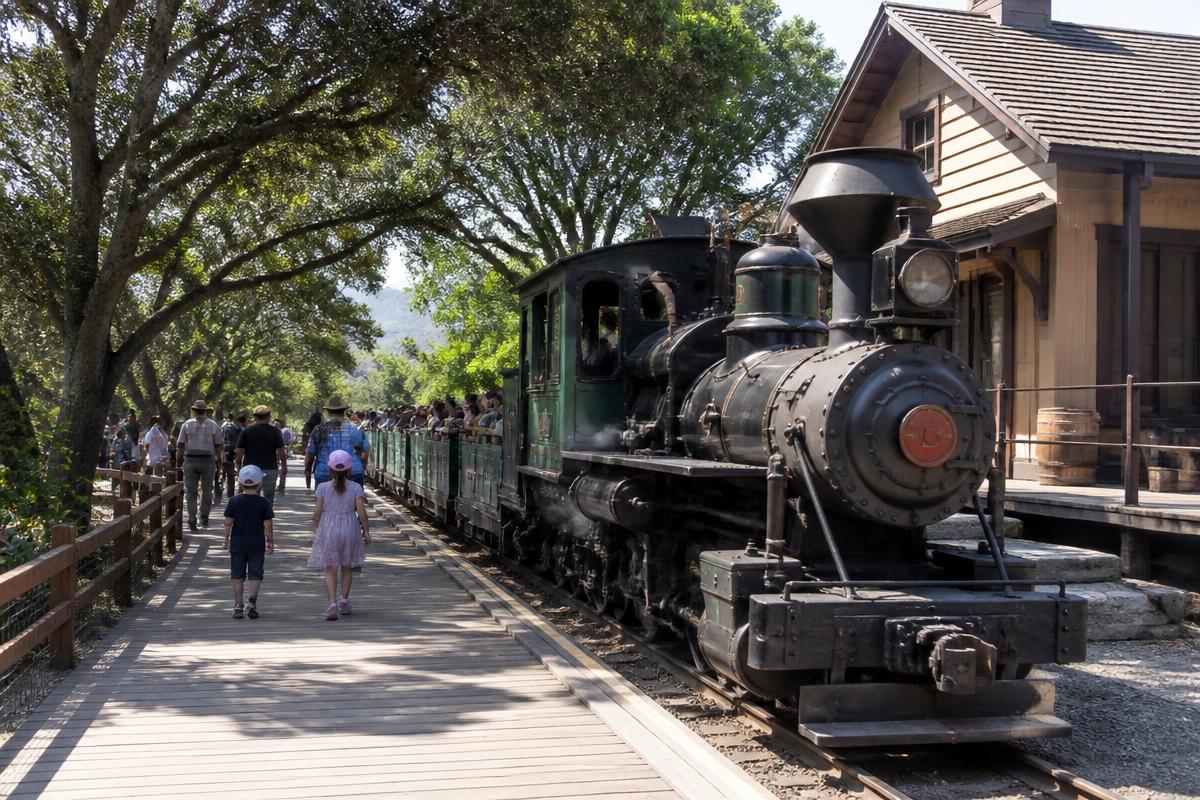 Restored antique steam locomotive beside a historic wooden depot at a Poway park with families walking a boardwalk