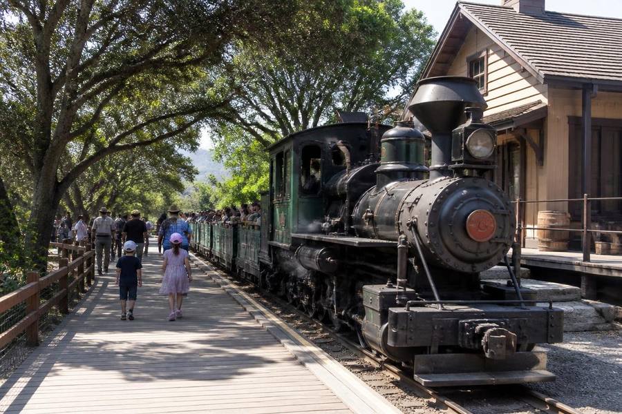 Restored antique steam locomotive beside a historic wooden depot at a Poway park with families walking a boardwalk