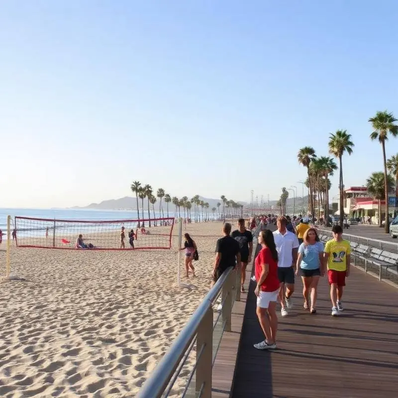 Pacific Beach boardwalk with Crystal Pier, beach cruisers, and low-rise apartments along the sand
