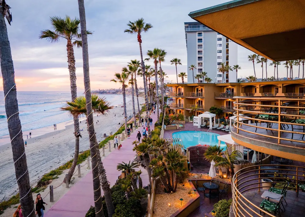 Sunset ocean view from the Pacific Terrace Hotel on the Pacific Beach boardwalk