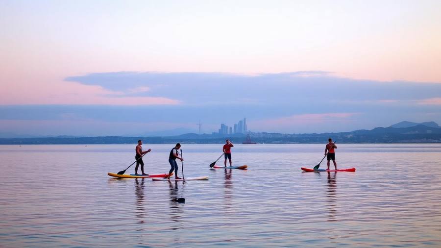 Stand-up paddleboarders on glassy Mission Bay water at sunrise with the San Diego skyline behind