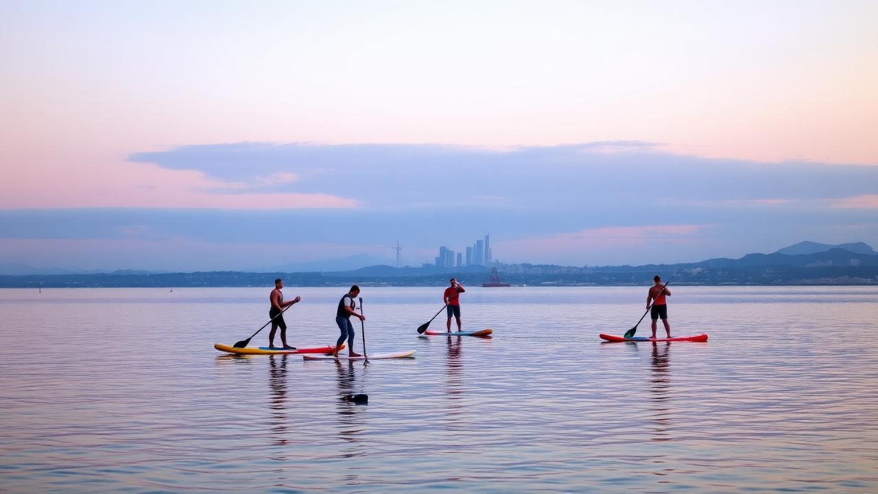 Stand-up paddleboarders on glassy Mission Bay water at sunrise with the San Diego skyline behind