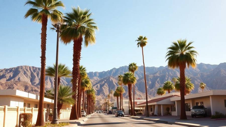 Palm-lined Palm Springs street with midcentury homes and the San Jacinto mountains behind
