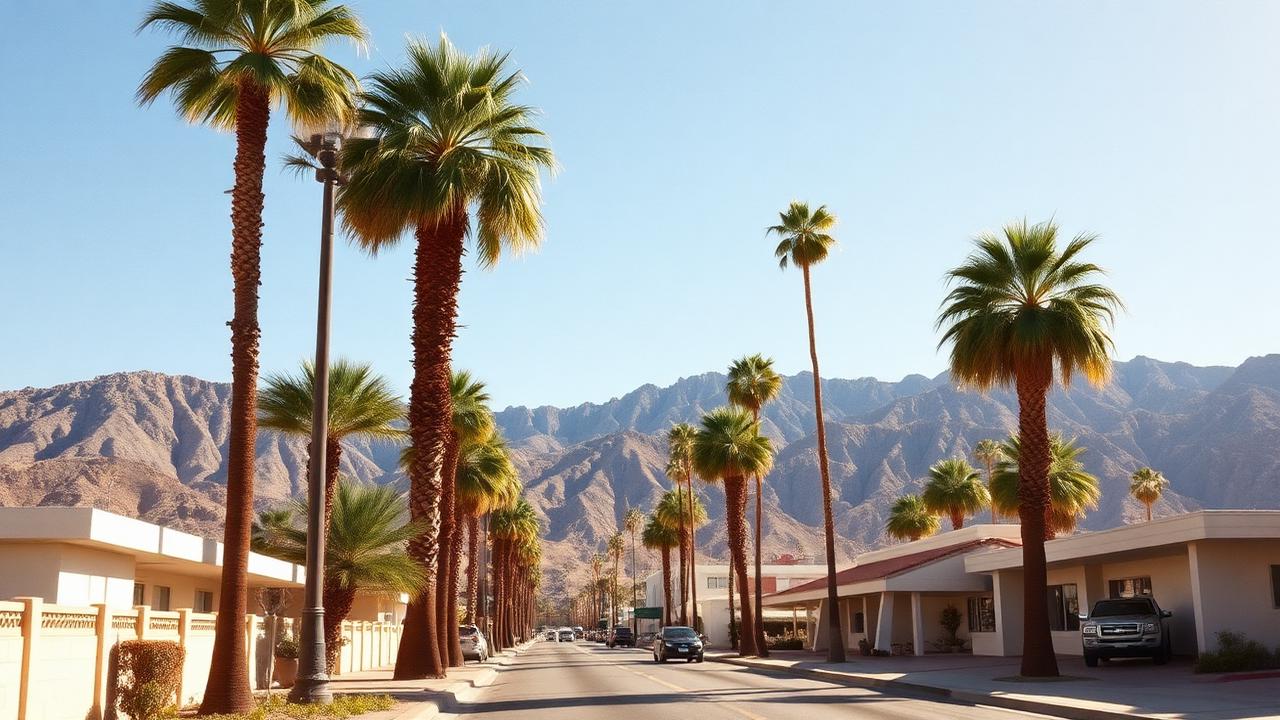 Palm-lined Palm Springs street with midcentury homes and the San Jacinto mountains behind