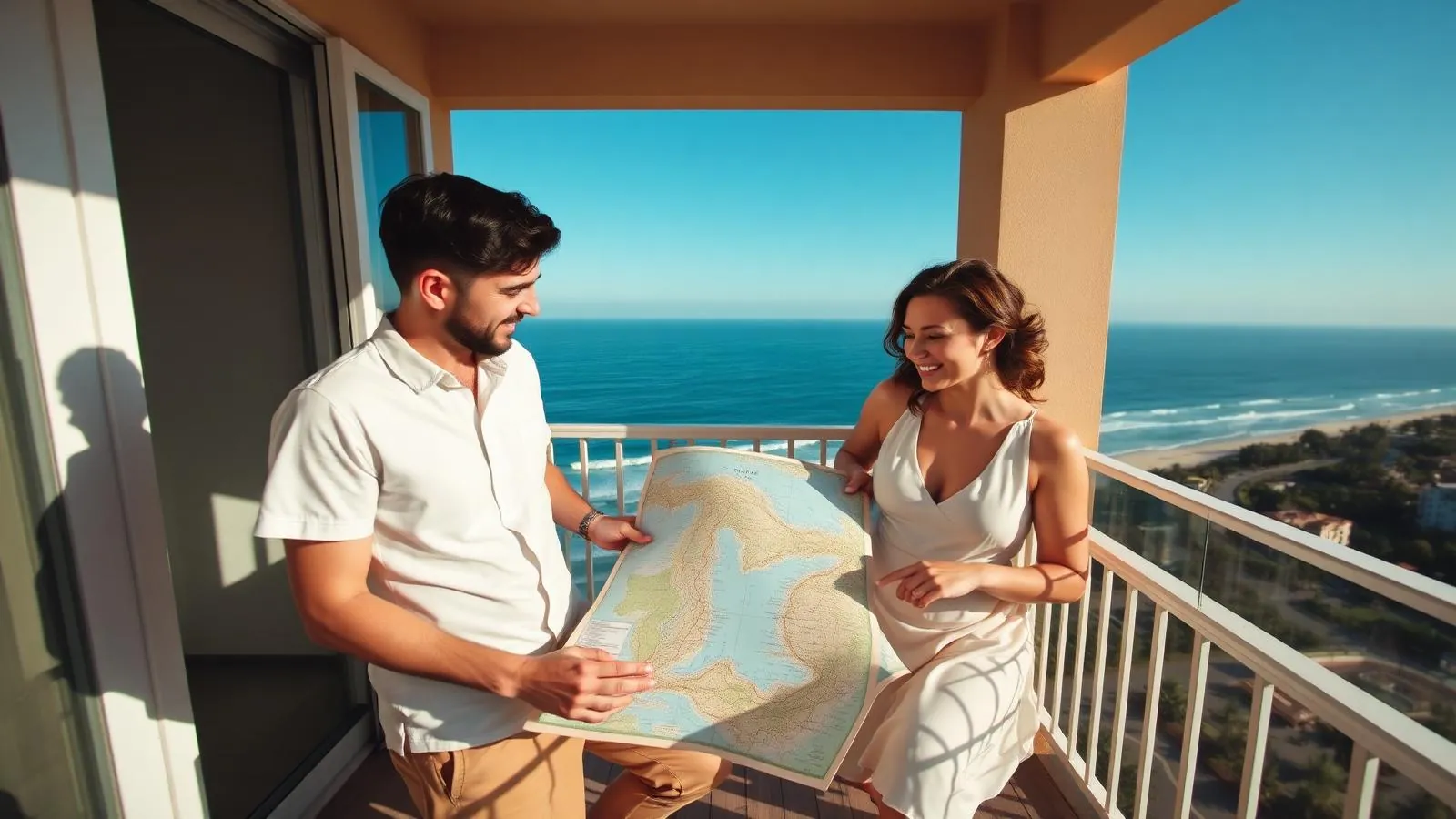 Couple planning a San Diego trip with a map on a balcony overlooking the Pacific