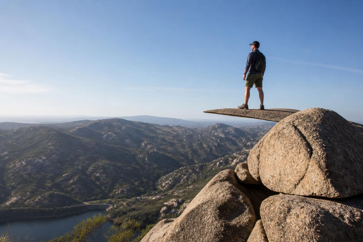 Hiker standing on the thin granite slab of Potato Chip Rock above San Diego County backcountry hills