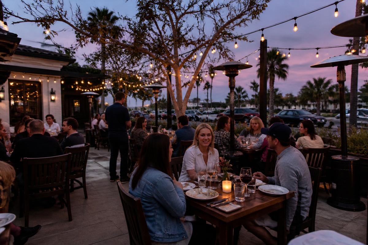 Diners at a string-lit outdoor patio at a Southern California suburban restaurant at dusk