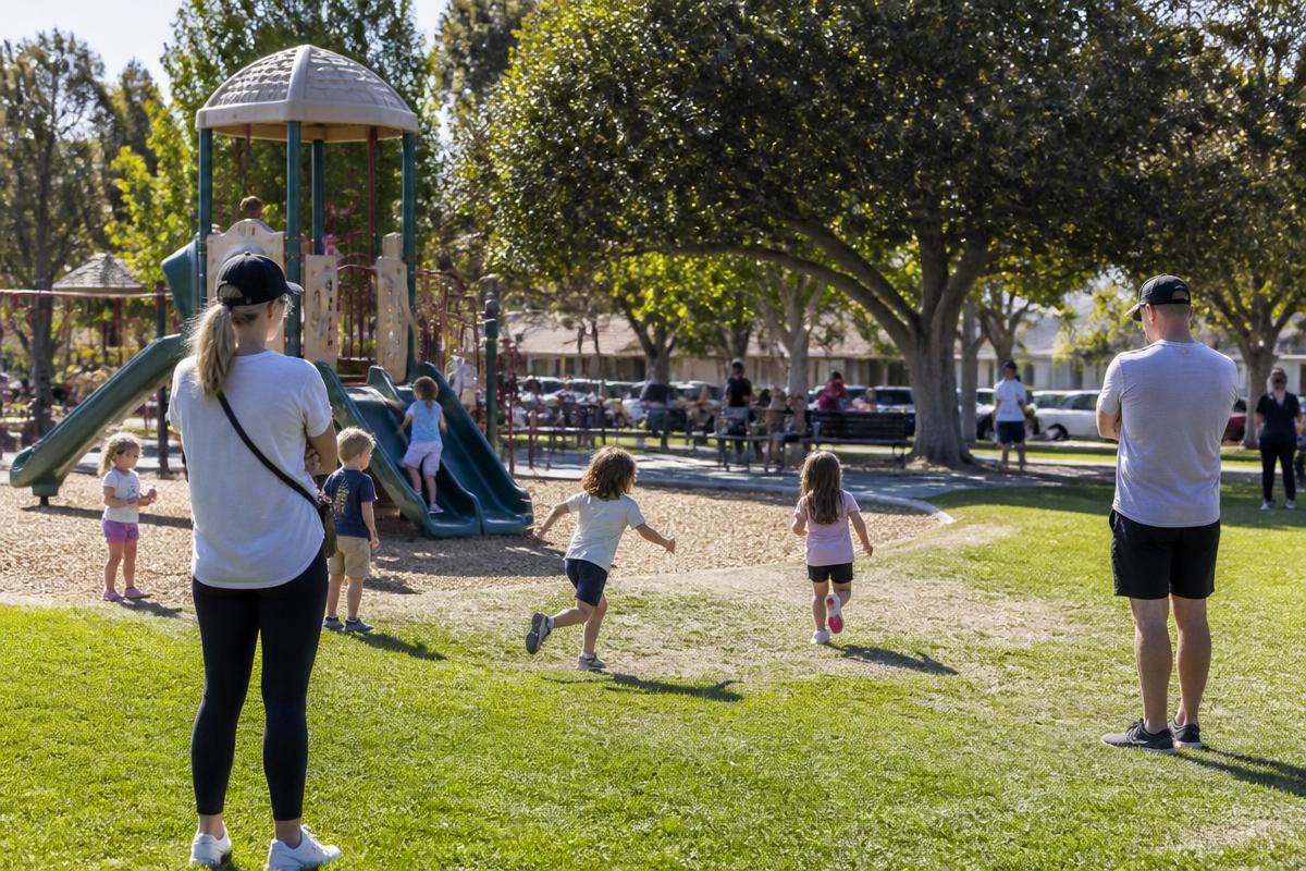 Children playing on a playground at a sunny suburban Poway community park with parents watching
