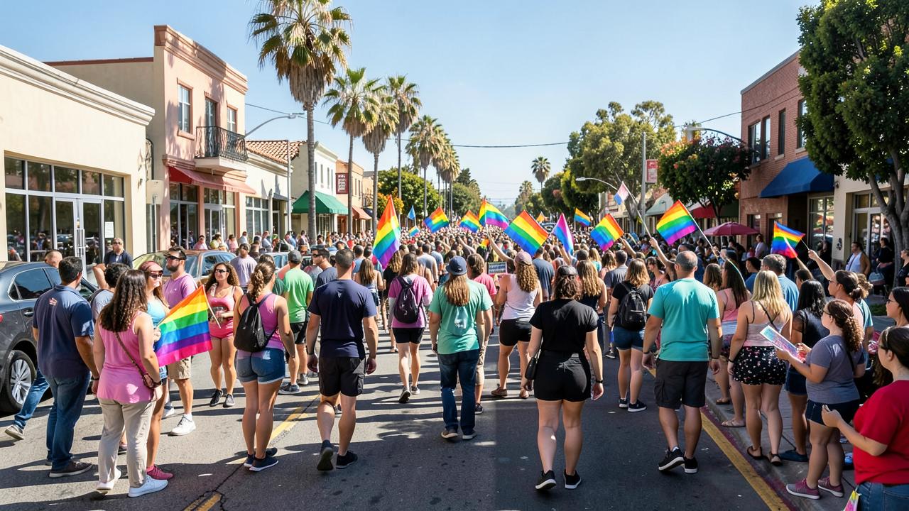 Crowds waving rainbow flags along a sunny closed-off San Diego street during Pride weekend