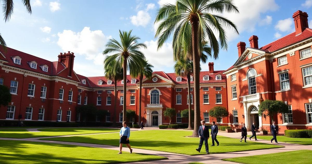 Prestigious private school campus in San Diego with red brick buildings and palm trees
