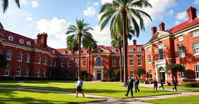 Prestigious private school campus in San Diego with red brick buildings and palm trees