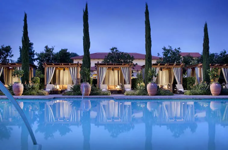 Spa pool cabanas at dusk at the Rancho Bernardo Inn