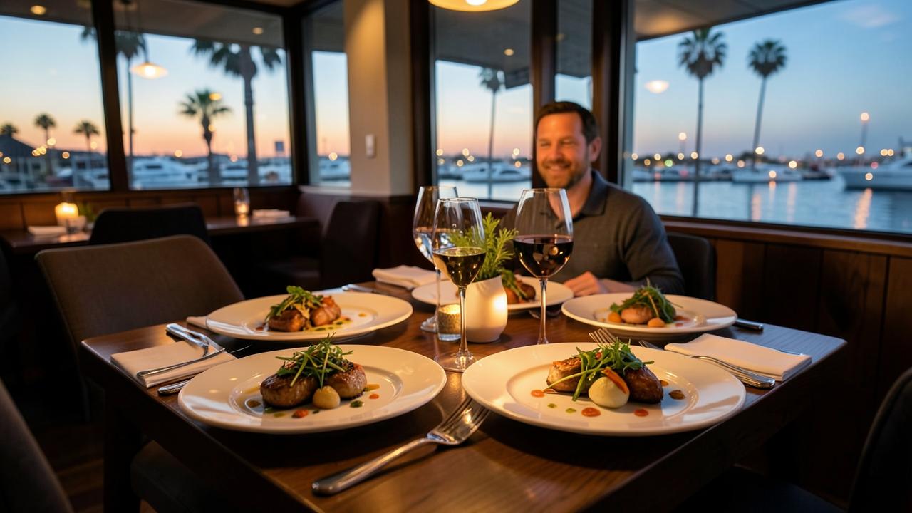Waterfront San Diego restaurant table set with prix fixe dinner plates and wine at sunset