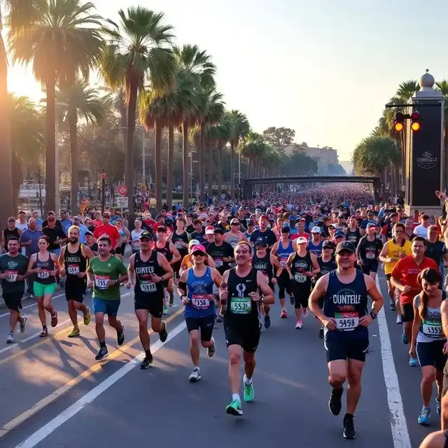 Thousands of runners at the Rock 'n' Roll Marathon San Diego pass a live band on the Balboa Park course at sunrise