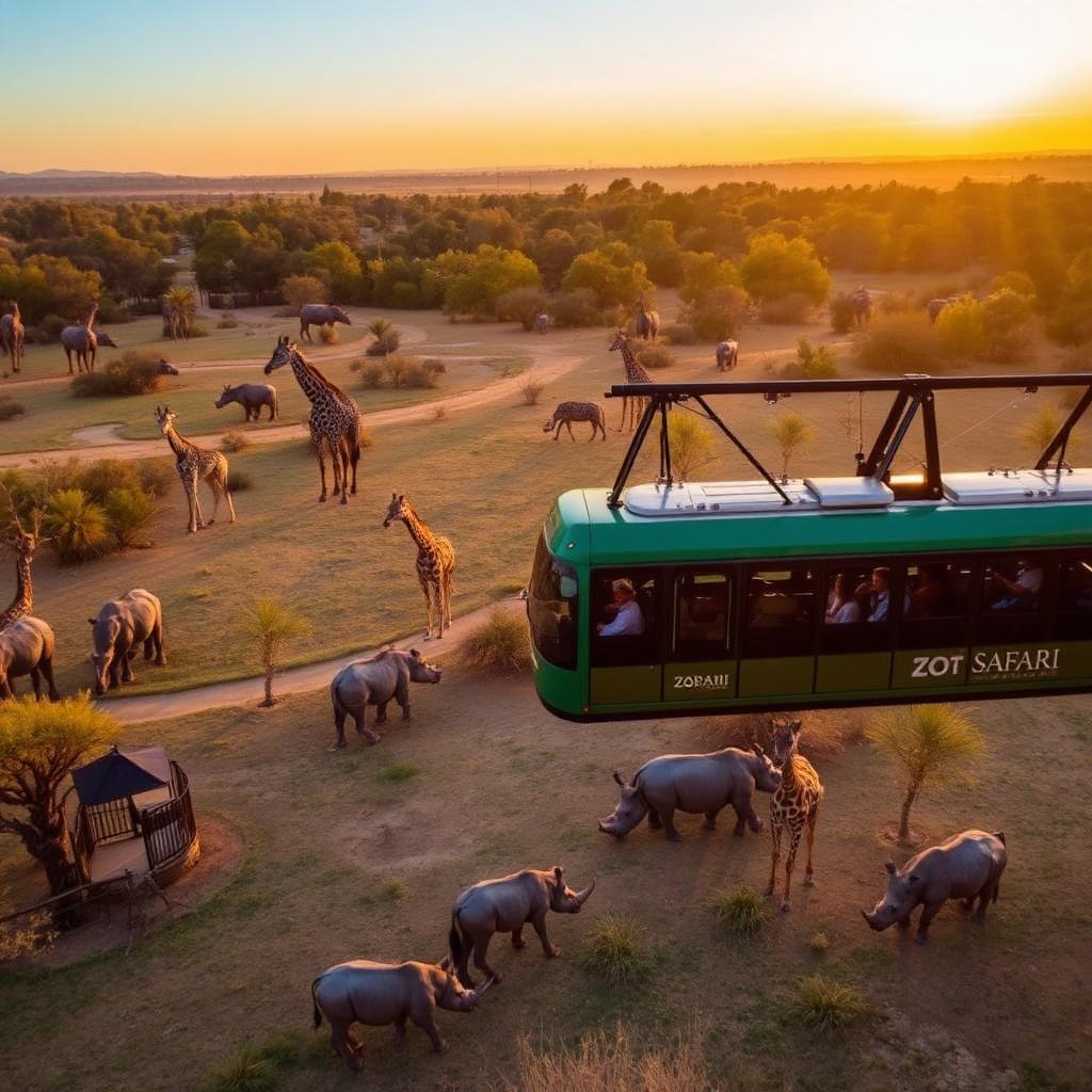 San Diego Zoo Safari Park Africa Tram over savanna with giraffes and rhinos at golden hour