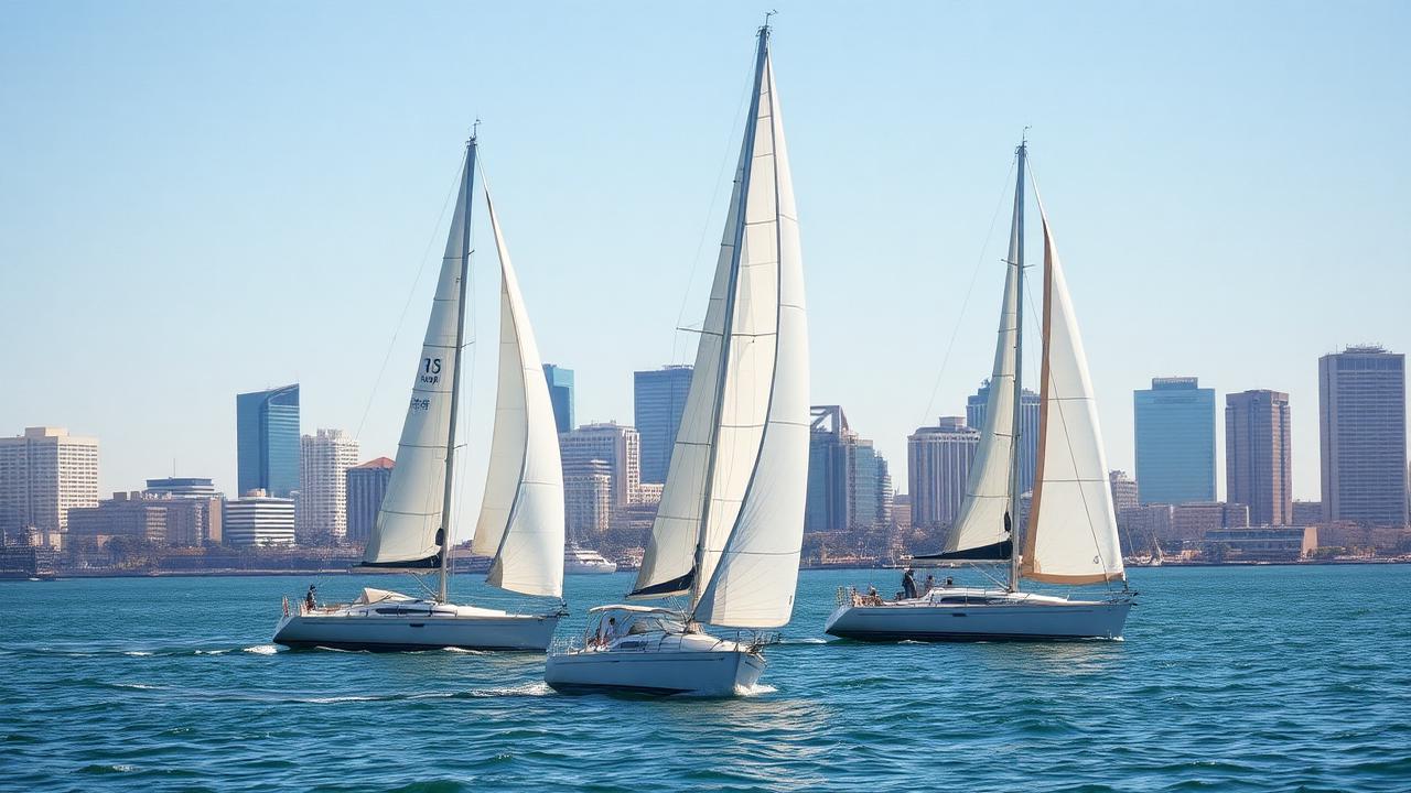 Sailboats under full sail on San Diego Bay with the downtown skyline in the background