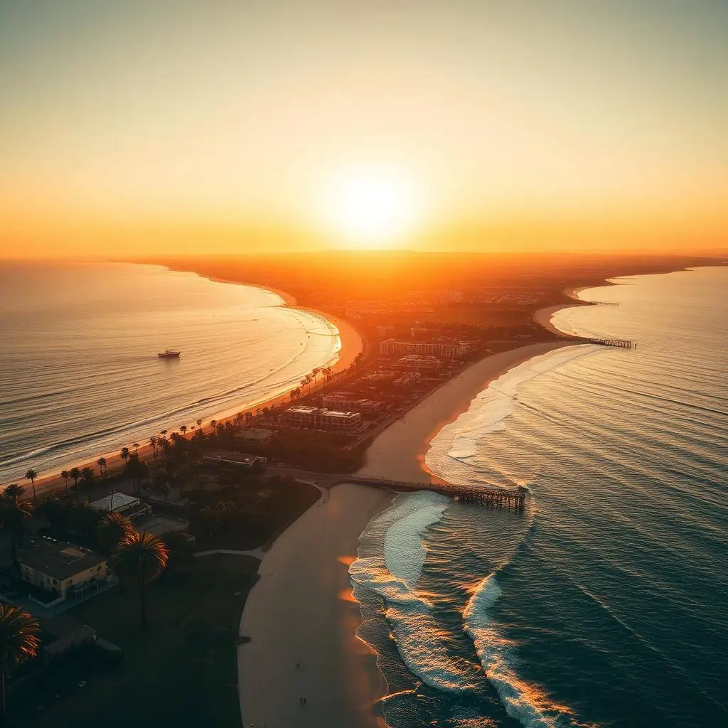 Coastline and city view of San Diego with palm trees and ocean under blue sky