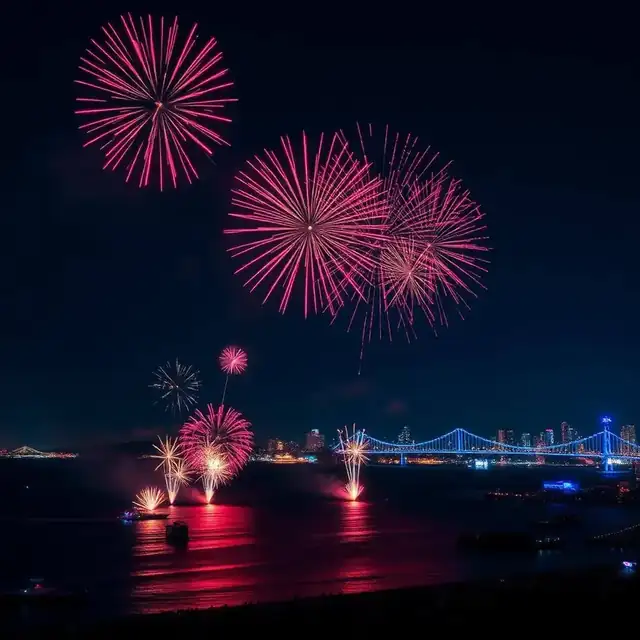Big Bay Boom fireworks over San Diego Bay with the Coronado Bridge and downtown skyline on the 4th of July