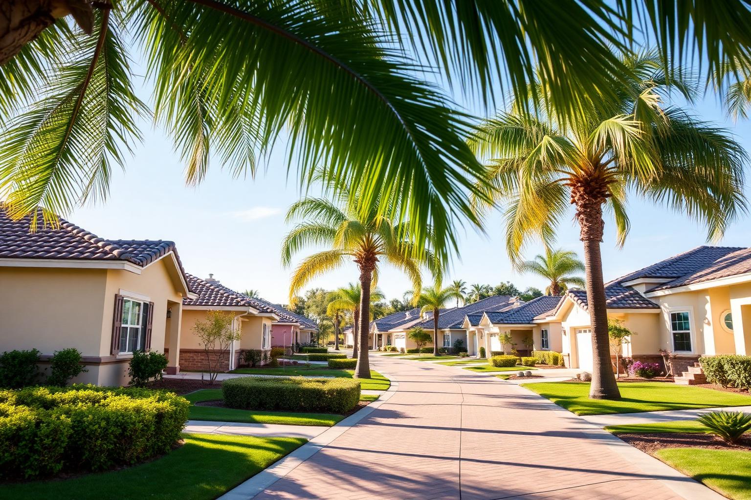 Single-story homes with tile roofs and palm trees in a San Diego 55-plus community