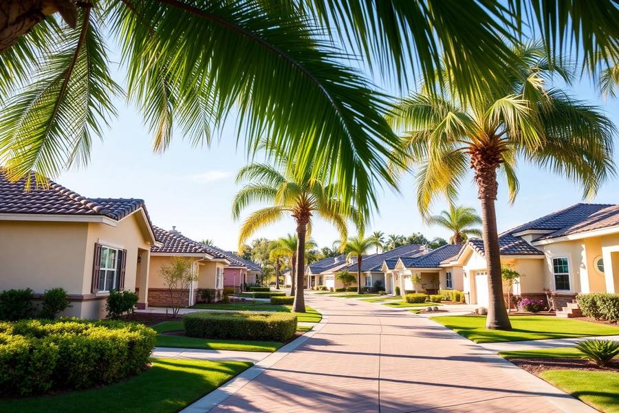 Single-story homes with tile roofs and palm trees in a San Diego 55-plus community