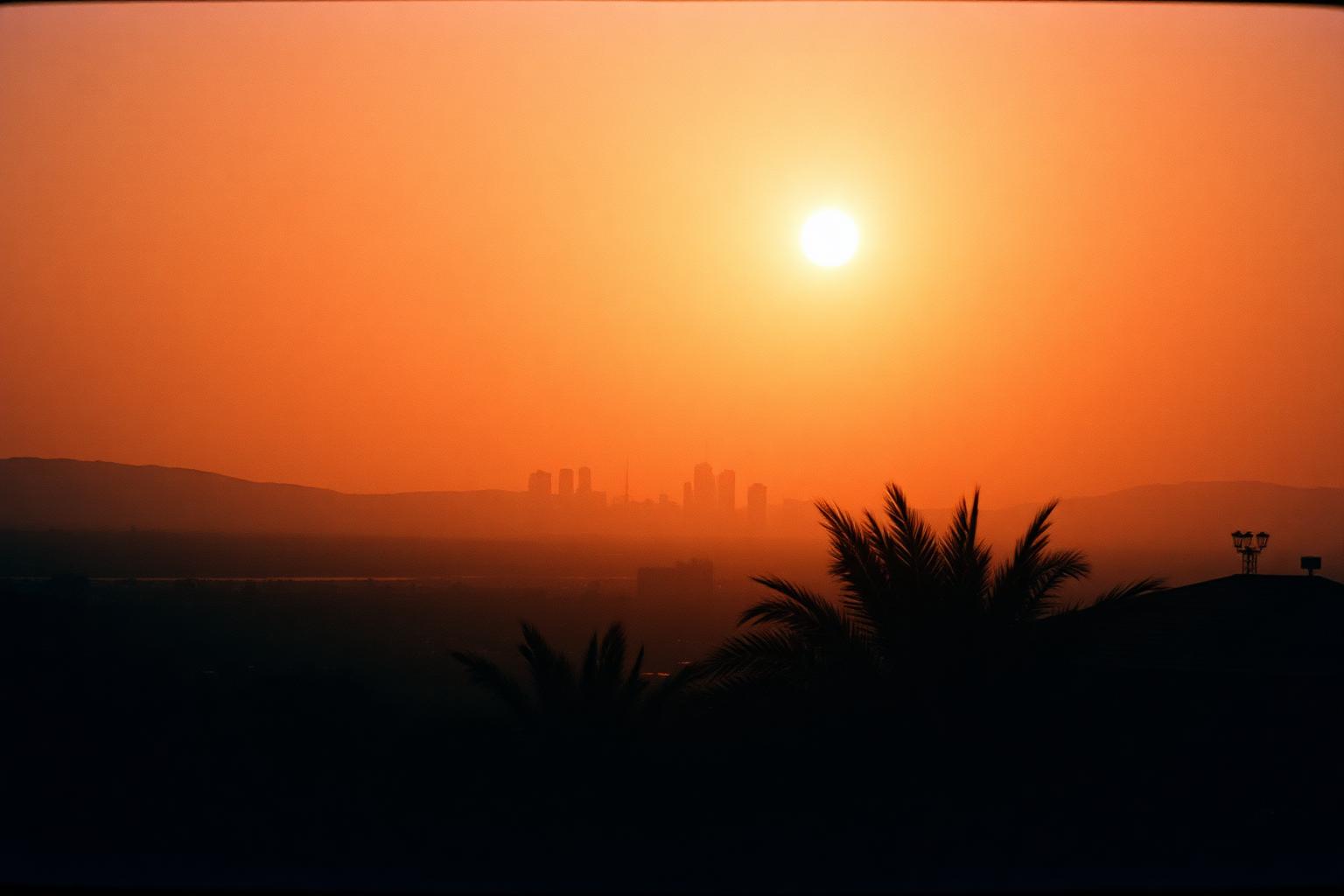 San Diego skyline under thick orange wildfire haze with a dim sun and silhouetted palms