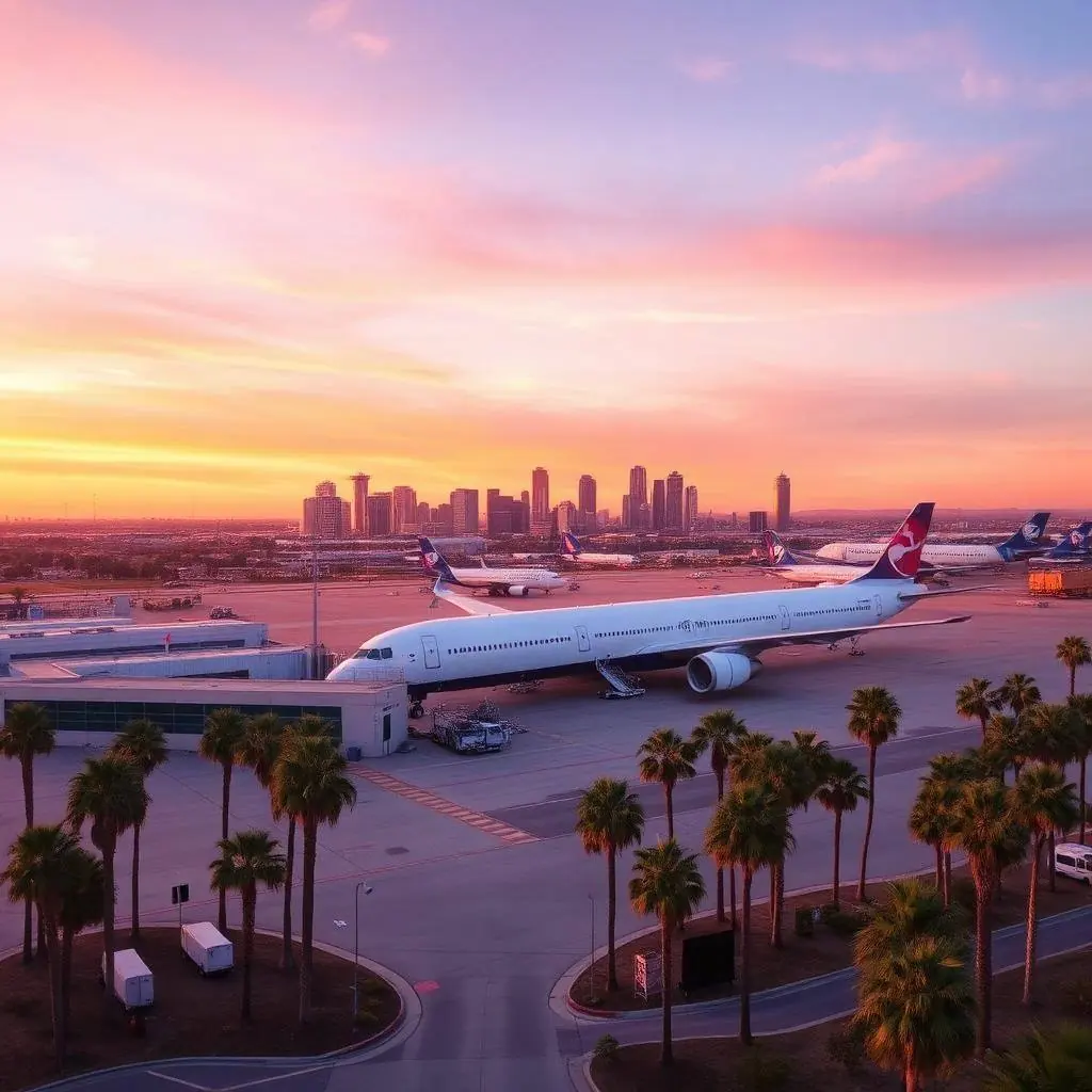 Aircraft on approach over San Diego Bay with the downtown skyline behind