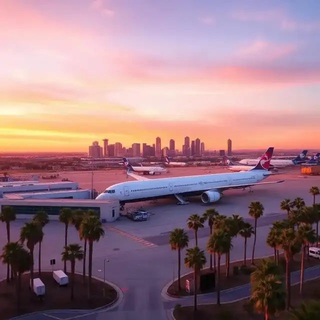 San Diego International Airport (SAN) with a plane at the gate, downtown skyline, and palm trees at sunset