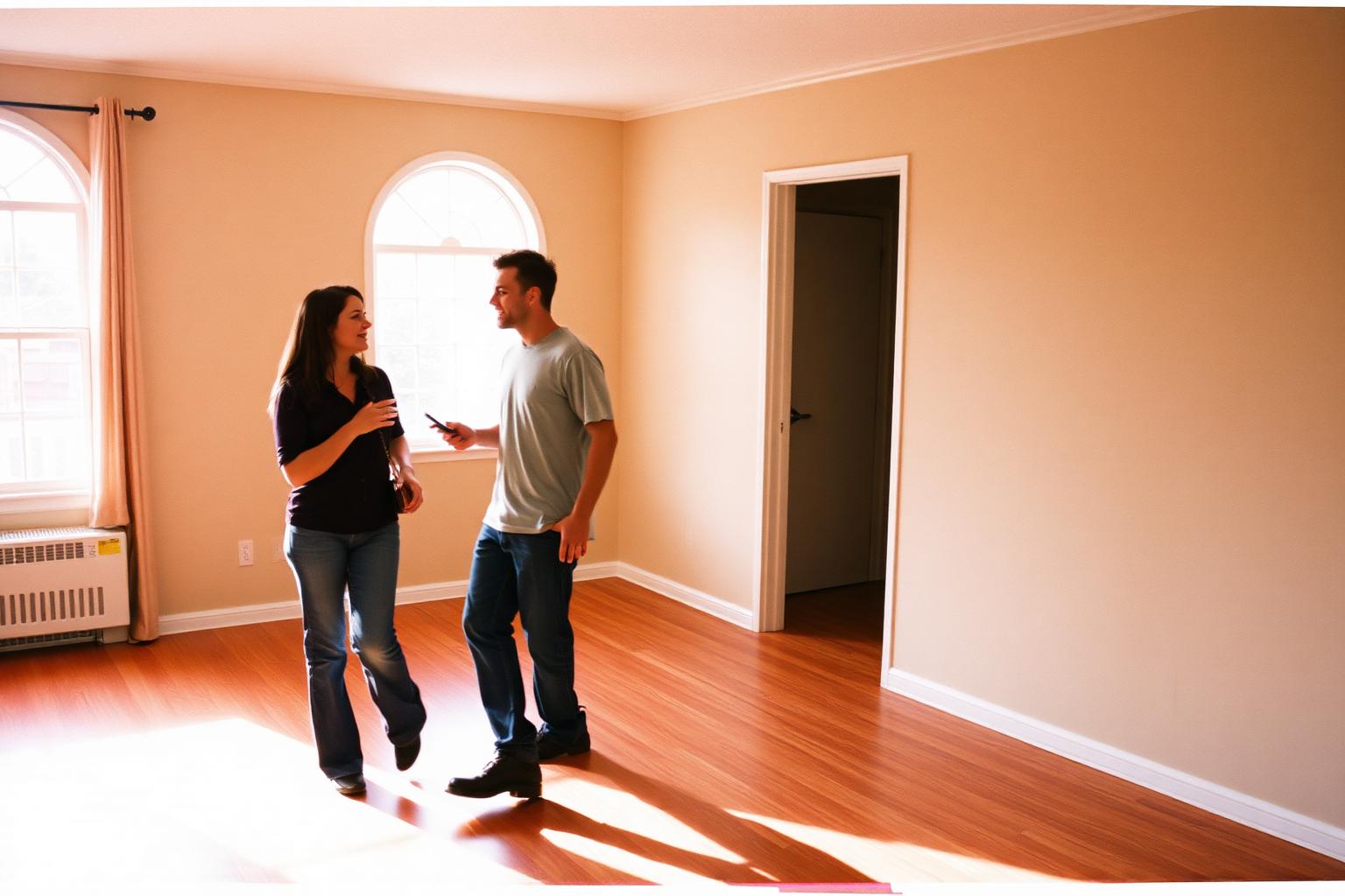 Couple touring a sunlit empty apartment with hardwood floors in a San Diego building