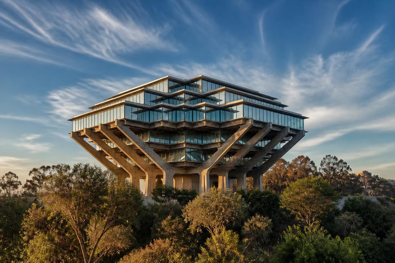 The Brutalist concrete and glass Geisel Library at UC San Diego rising above eucalyptus trees under a bright blue sky