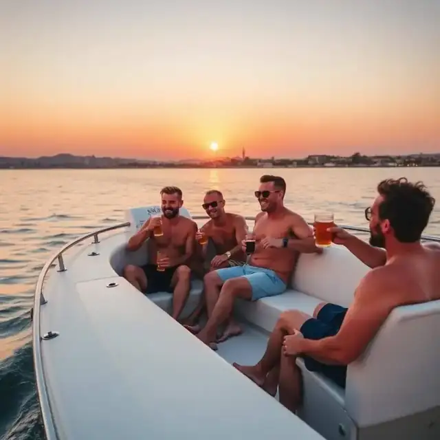 Group of guys on a Duffy boat cruising San Diego bay at sunset with beers for a bachelor party