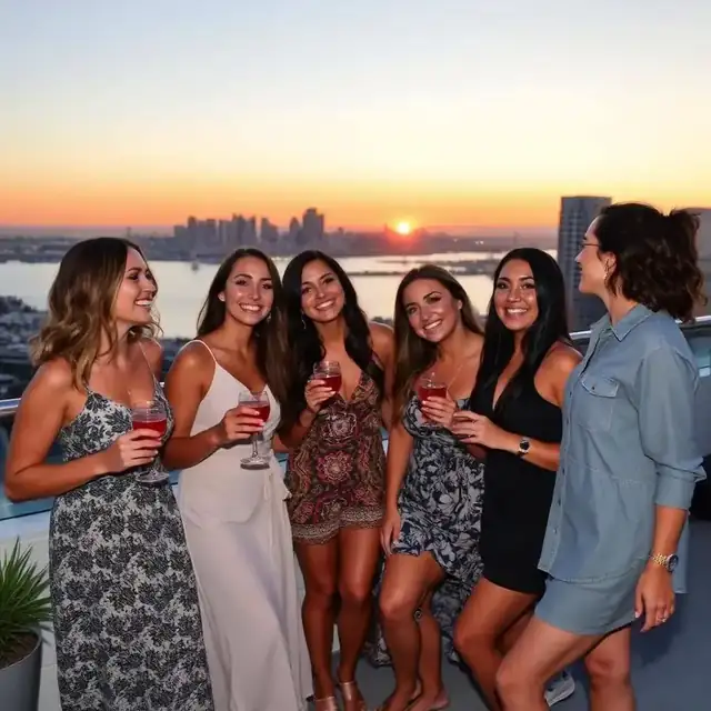 Bachelorette group toasting cocktails on a rooftop overlooking San Diego bay at sunset