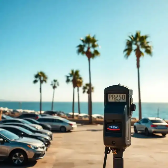Parking meter in front of a La Jolla beach lot with palm trees and the Pacific Ocean behind