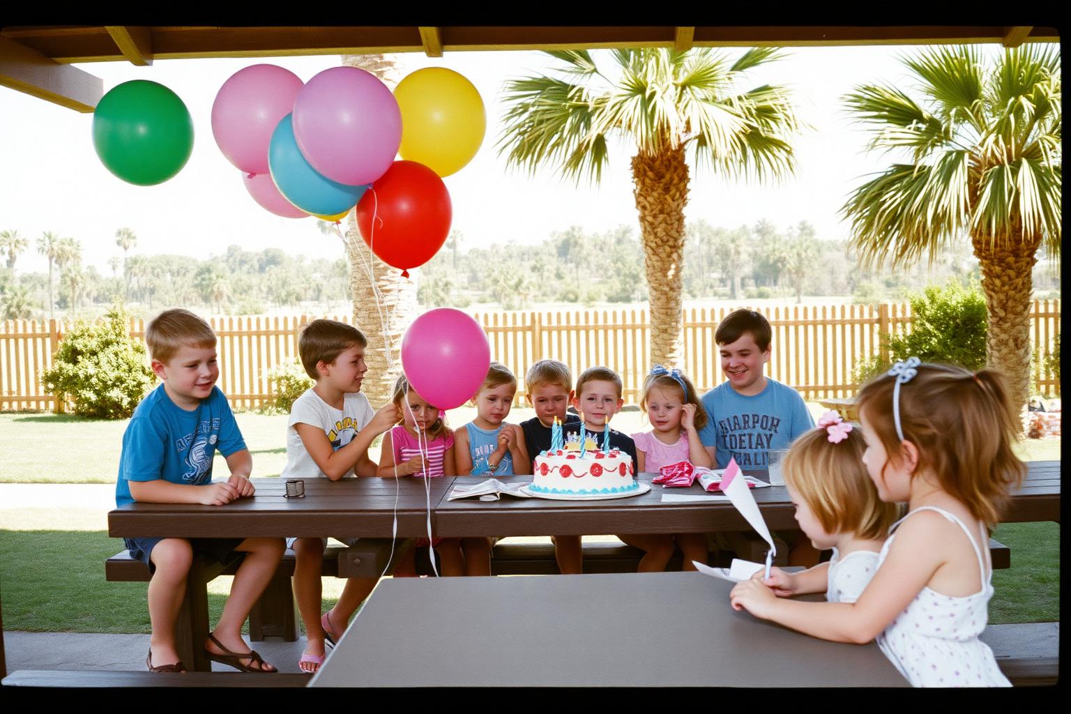 Kids birthday party at a park picnic shelter with balloons, cake and palm trees