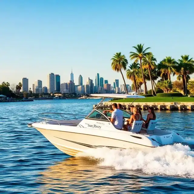 Group of friends on a rented powerboat cruising San Diego Bay with the downtown skyline behind them