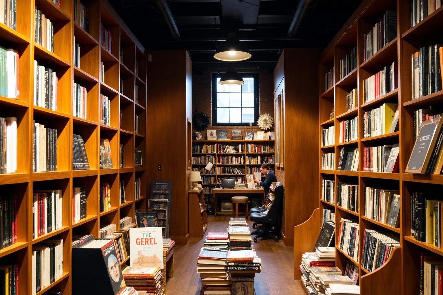 Warmly lit independent bookstore interior with tall wooden shelves and stacks of books