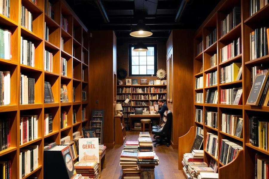Warmly lit independent bookstore interior with tall wooden shelves and stacks of books