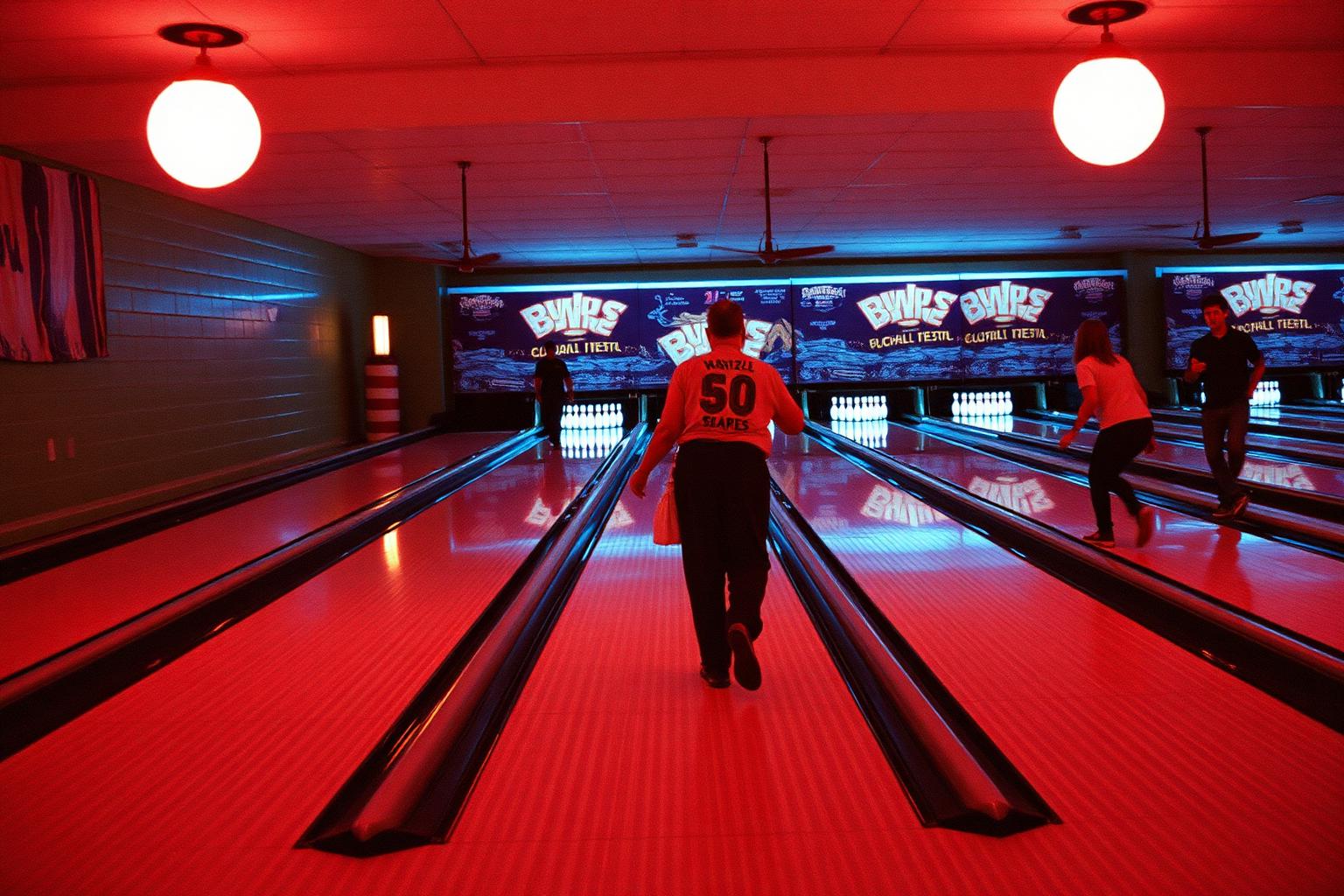 Retro bowling alley lanes at night with glowing pin decks and bowlers mid-throw