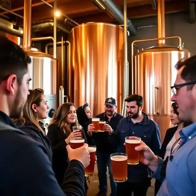 Group of friends toasting craft beer flights on a San Diego brewery tour inside a copper-tank brewhouse
