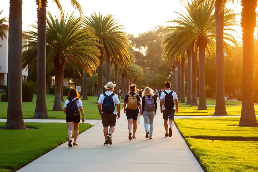 College students walking across a sunny San Diego campus with palm trees