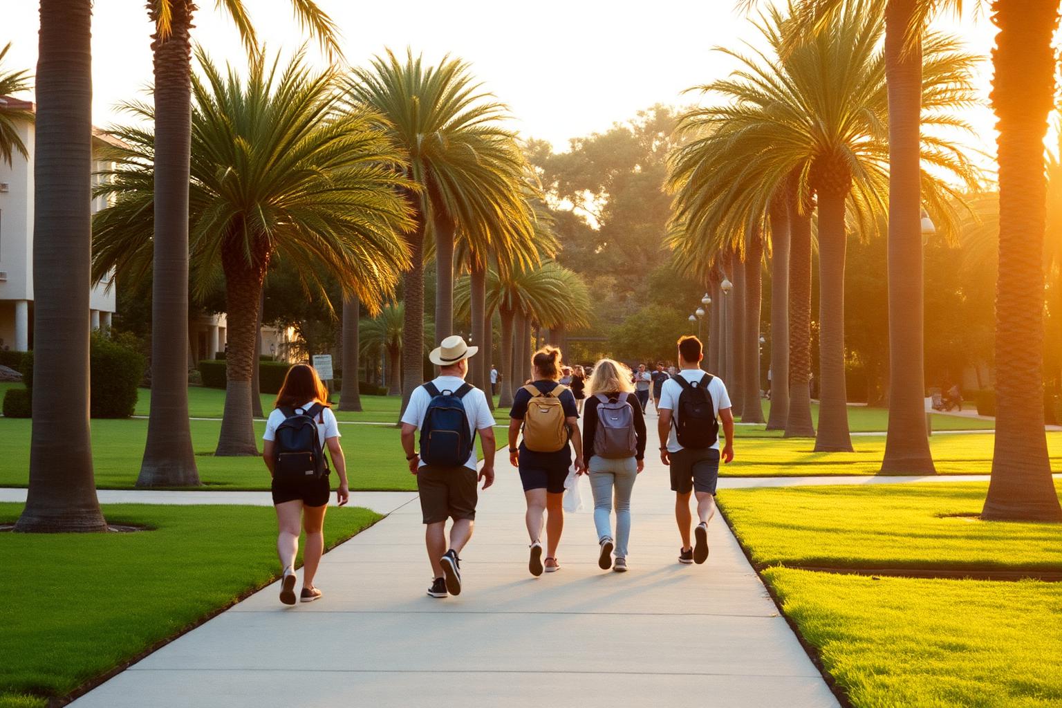 College students walking across a sunny San Diego campus with palm trees