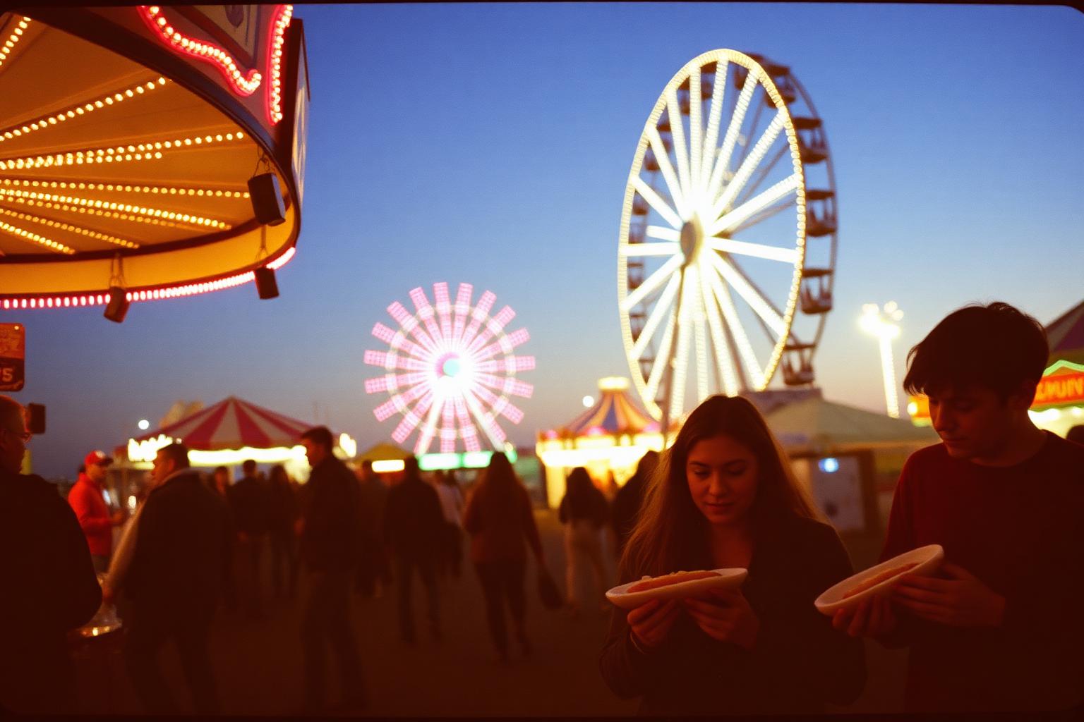 Ferris wheel and midway lights glowing at dusk at a Southern California county fair