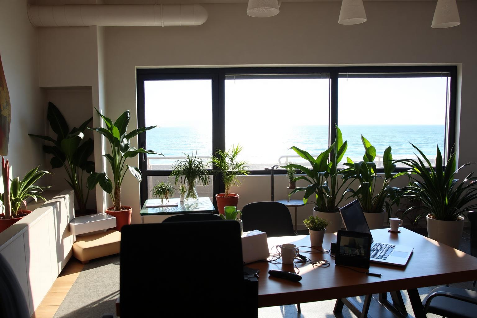 Sunlit coworking space with laptops, plants and an ocean view in San Diego