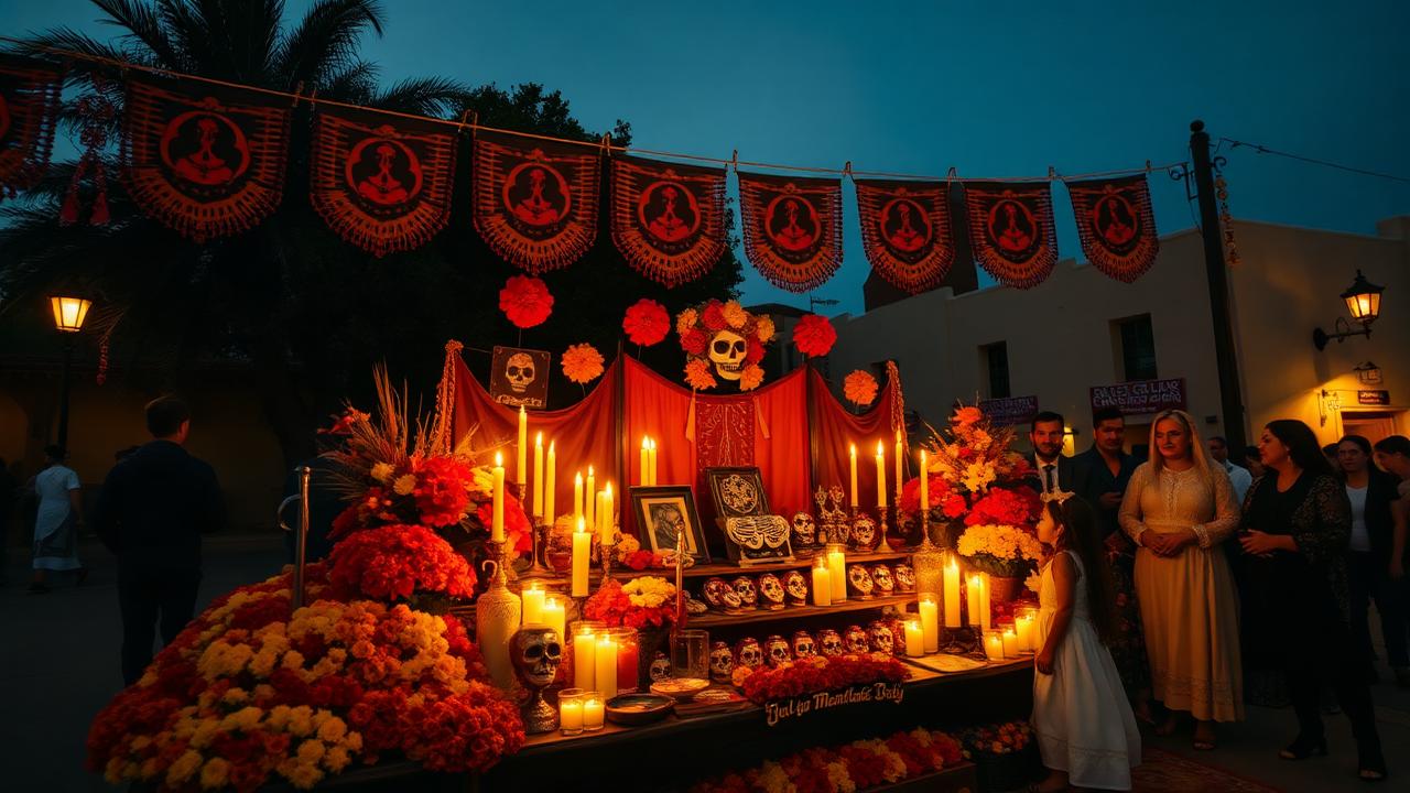 Vibrant Día de los Muertos altar at dusk in Old Town San Diego with marigolds, candles, sugar skulls, and papel picado banners