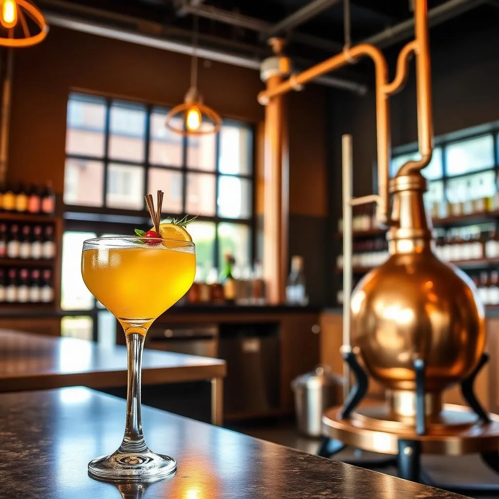 Copper pot still and a craft cocktail on the bar of a San Diego distillery tasting room